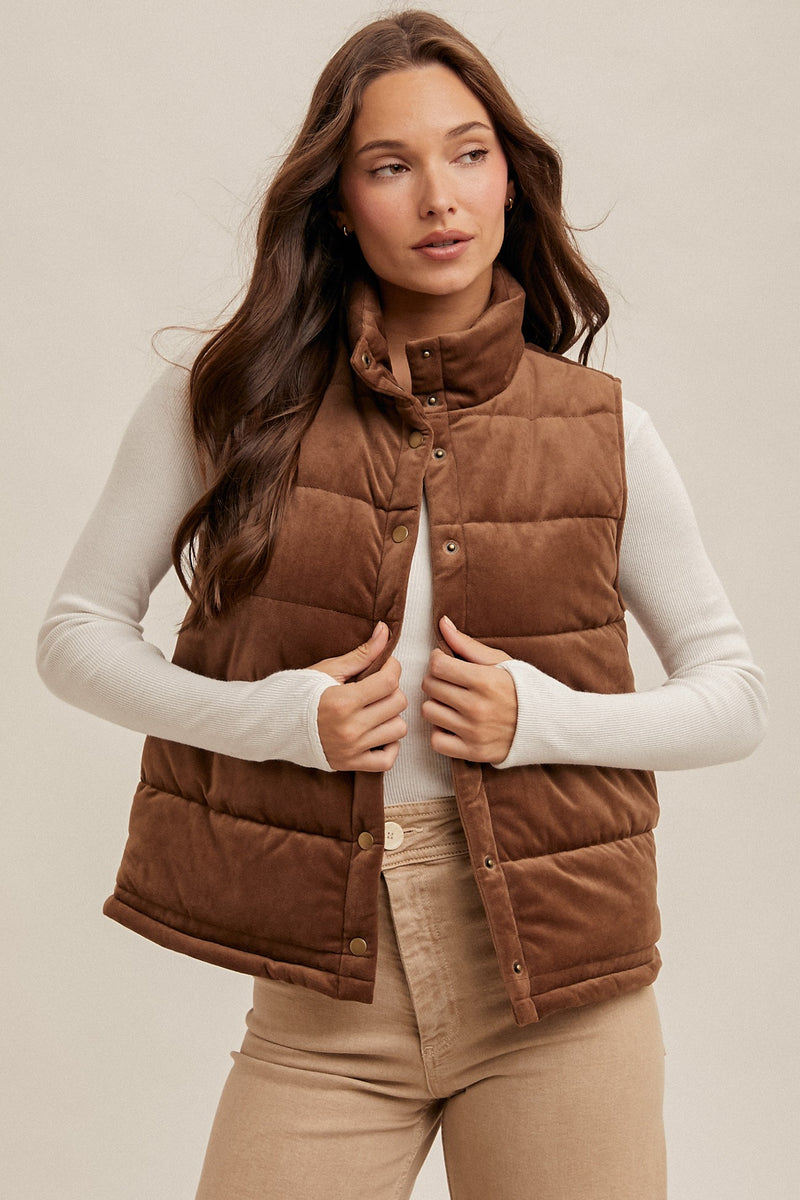 Mocha Velvet Padded Vests - With Pockets