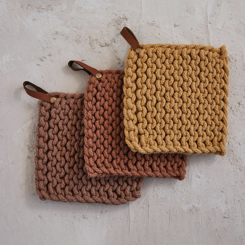 Cotton Crocheted Pot Holder with a leather Loop