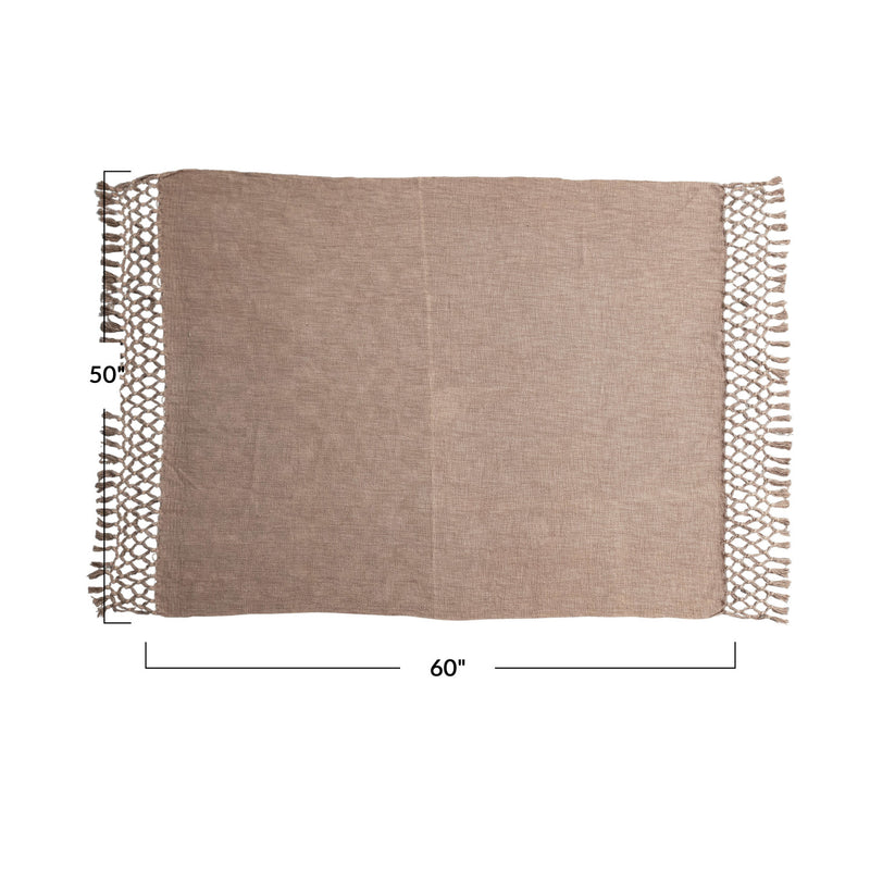 Brown Woven Cotton Slub Throw with Crochet & Fringe