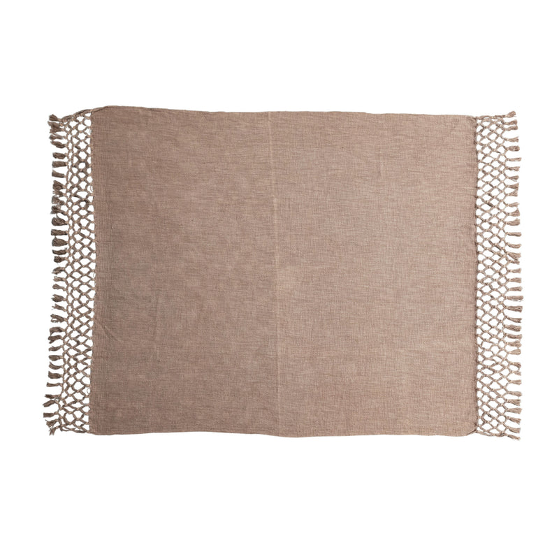 Brown Woven Cotton Slub Throw with Crochet & Fringe