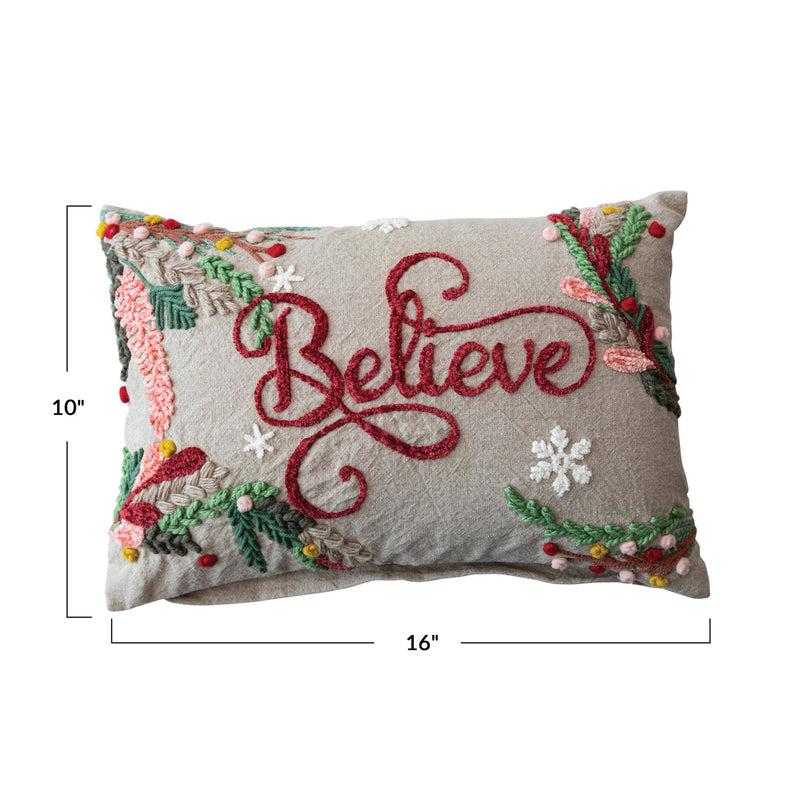 Believe Cotton Chambray Embroidered Lumbar Pillow