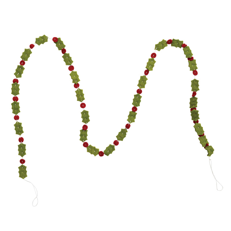 72" Wool Felt Holly Leaves & Berries Garland