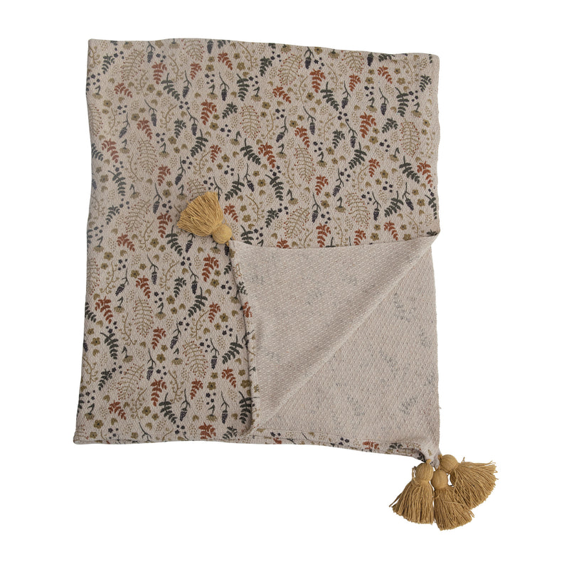 Woven Printed Throw with Tassels, Floral Pattern