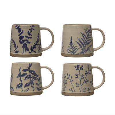 16 oz. Hand-Stamped Stoneware Mug w/ Botanicals, 4 Styles