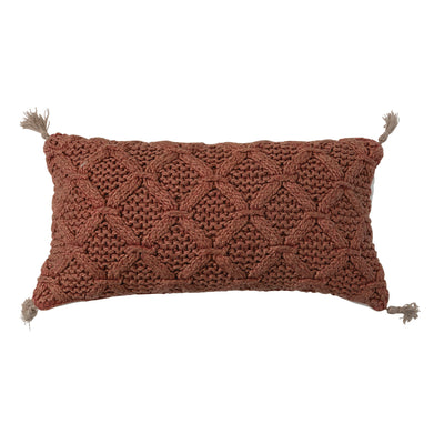 Woven Cotton Slub Lumbar Pillow w/ Diamond Pattern & Jute Tassels, Rust Color